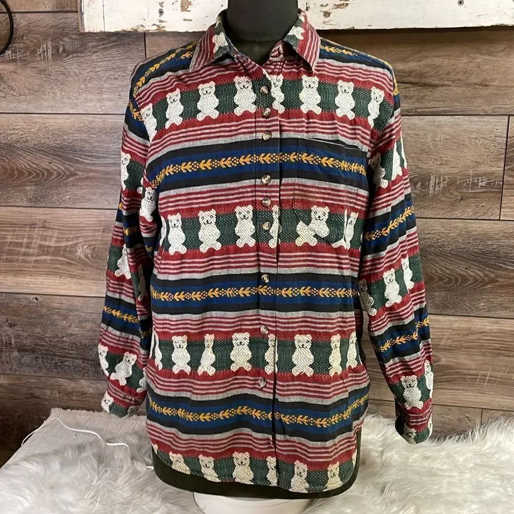 Cabin Creek Petite Ladies Button Up Long Sleeve Shirt, Size Large Petite, Bears